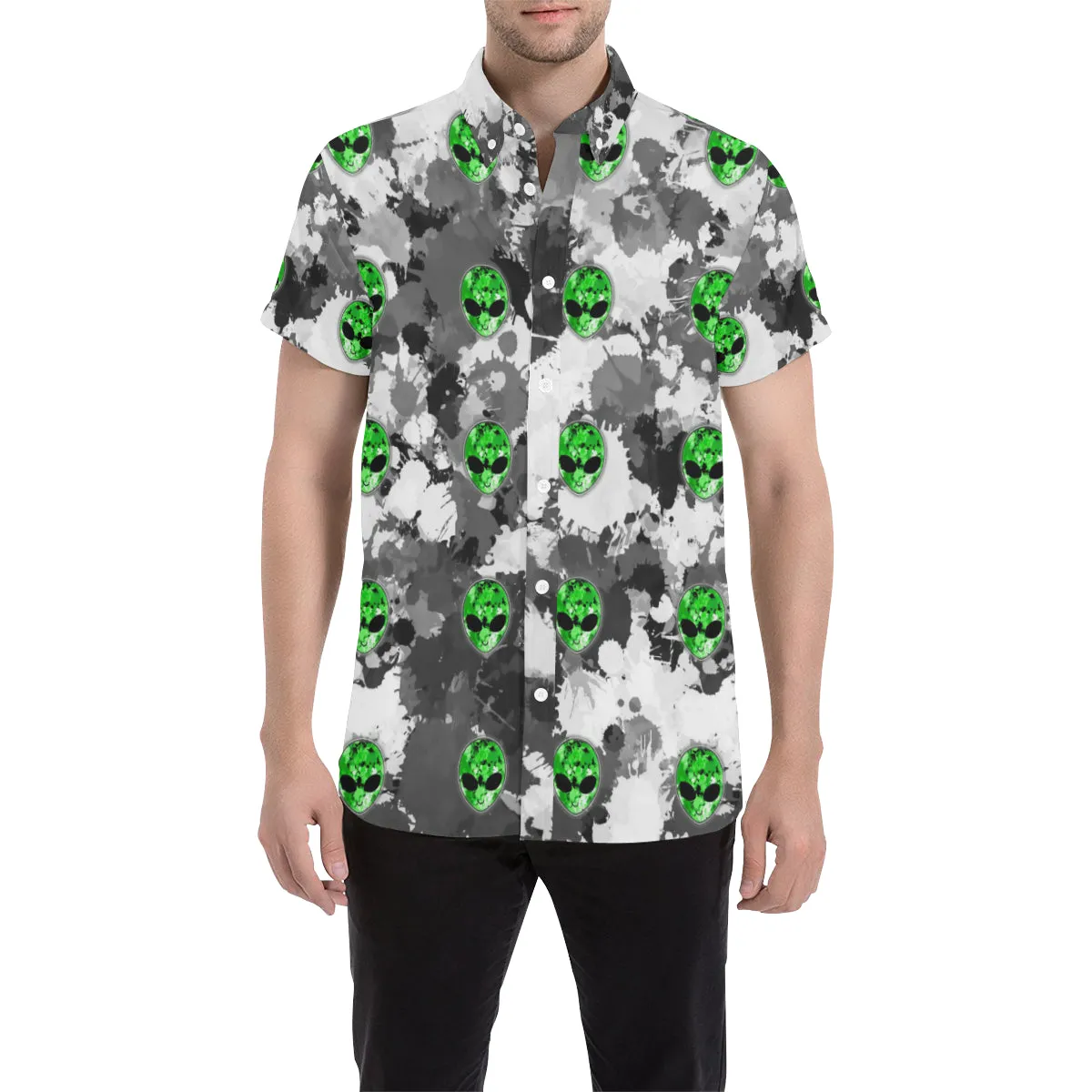 Alien Paint Splatter Short Sleeve Button Up Shirt