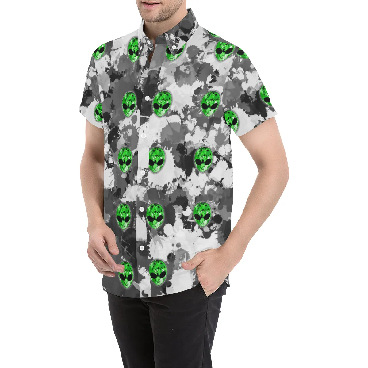 Alien Paint Splatter Short Sleeve Button Up Shirt