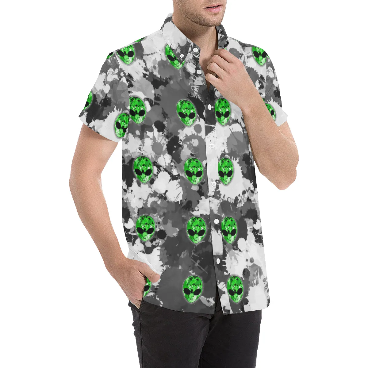 Alien Paint Splatter Short Sleeve Button Up Shirt