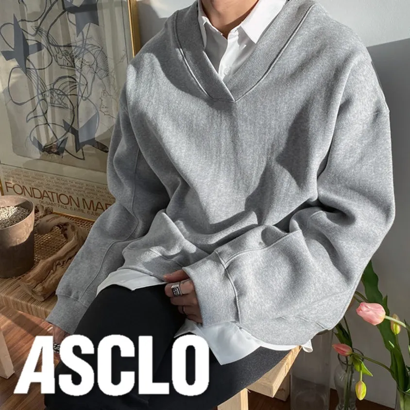 ASCLO  |Pullovers Unisex V-Neck Long Sleeves Plain Cotton Oversized