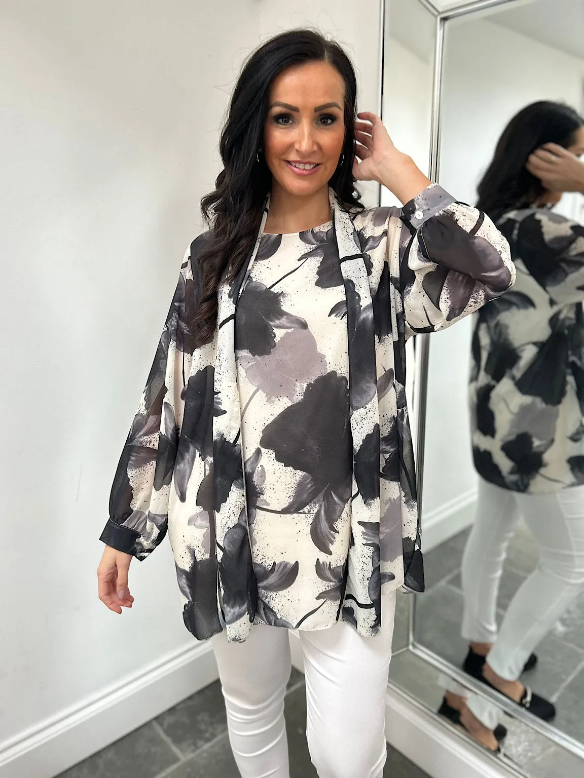 Black Floral Long Line Scarf Blouse Tia