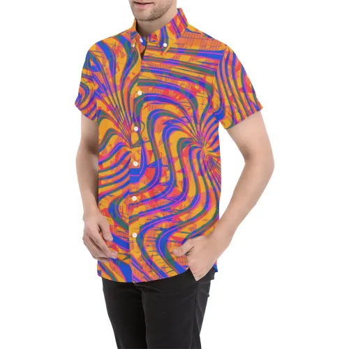 Blue and Orange 90s Abstract Short Sleeve Button Up Shirt