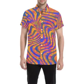 Blue and Orange 90s Abstract Short Sleeve Button Up Shirt