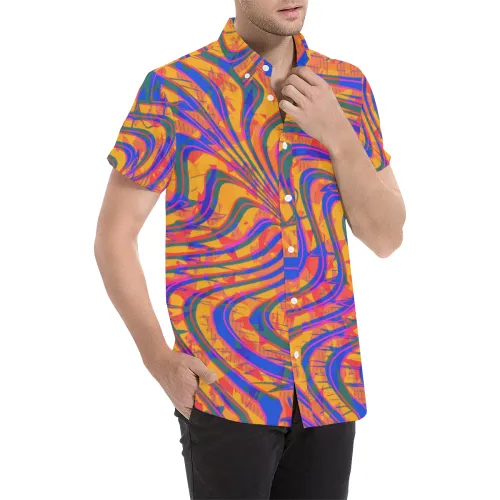 Blue and Orange 90s Abstract Short Sleeve Button Up Shirt