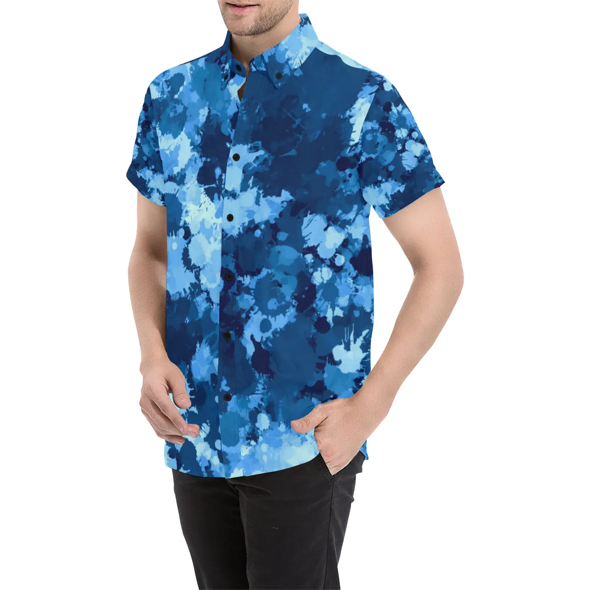 Blue Paint Splatter Short Sleeve Button Up Shirt