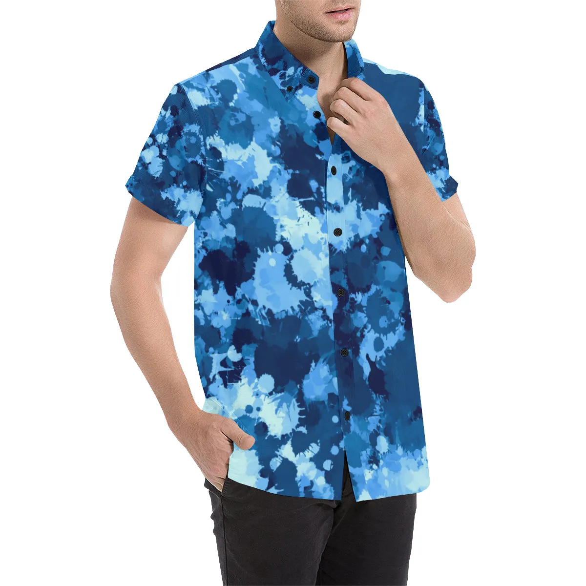 Blue Paint Splatter Short Sleeve Button Up Shirt