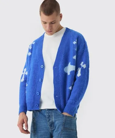 boohoo Mens Oversized Boxy Cross Brushed Knitted Cardigan