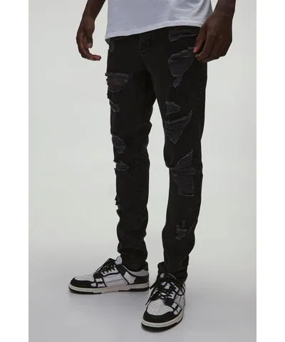 boohooMAN Mens Skinny Stretch All Over Rip Denim Jeans