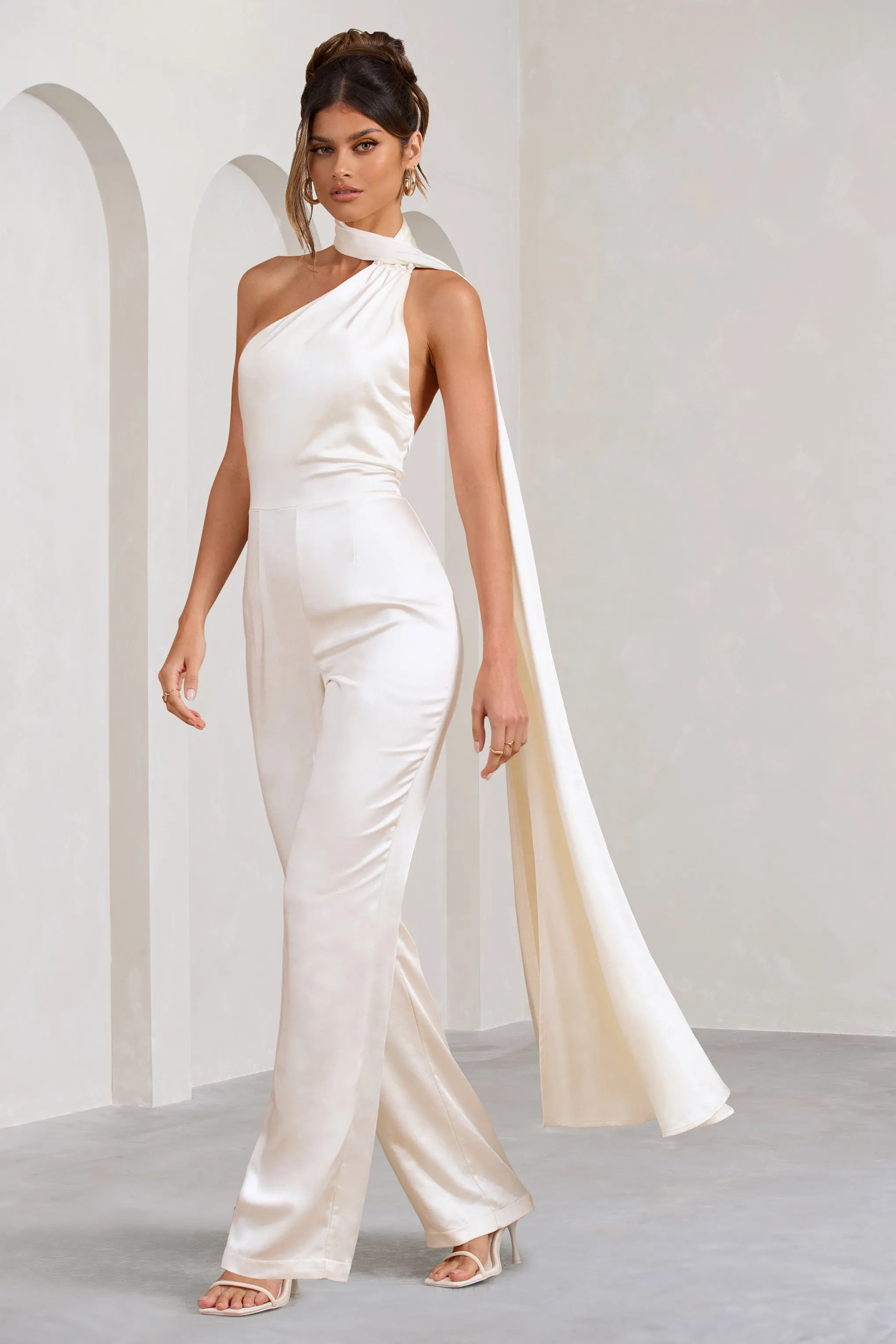 Cascada | Cream Satin Halter Jumpsuit With Draped Scarf