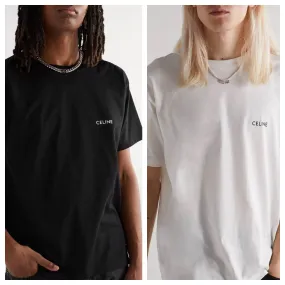 CELINE  |Crew Neck Pullovers Plain Cotton Short Sleeves Logo Luxury