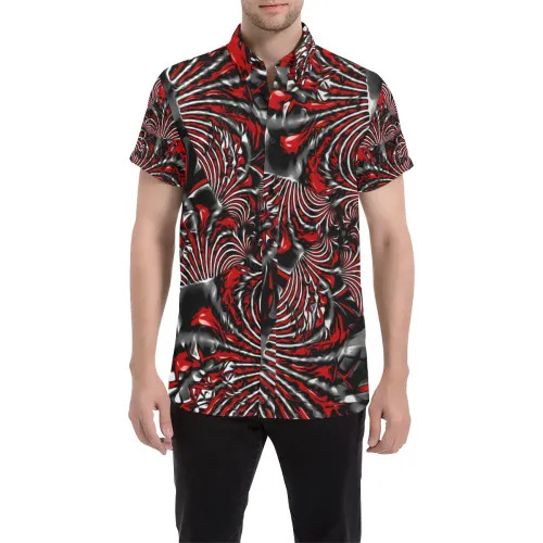 Crimson Burst Fractal Short Sleeve Button Up Shirt