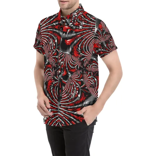 Crimson Burst Fractal Short Sleeve Button Up Shirt