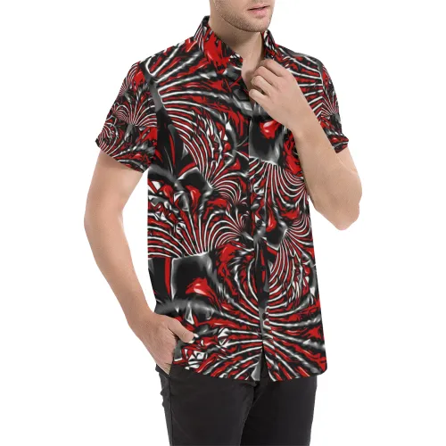 Crimson Burst Fractal Short Sleeve Button Up Shirt