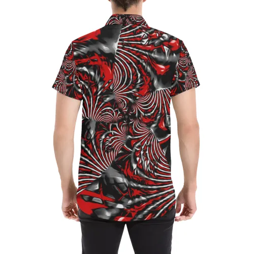 Crimson Burst Fractal Short Sleeve Button Up Shirt