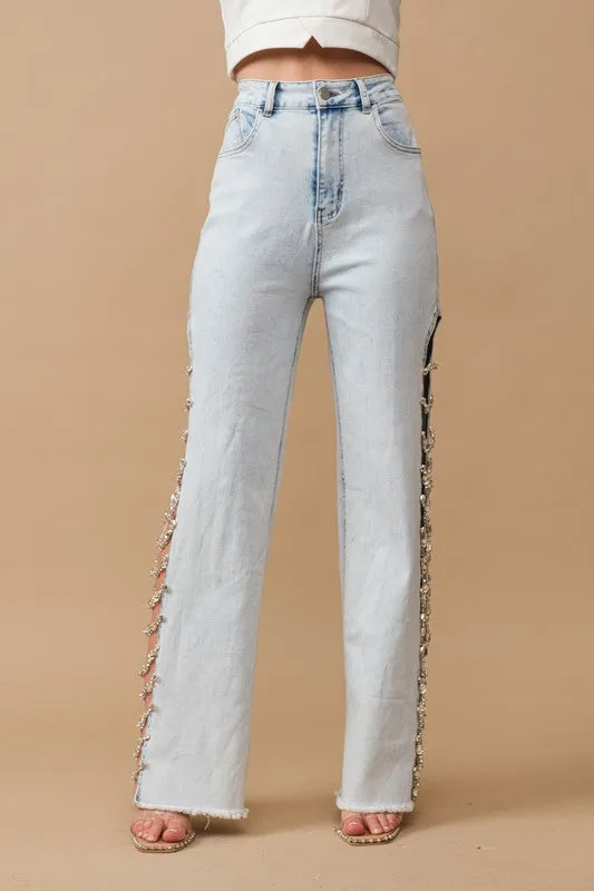 Cut Out At Side with Jewel Trim Stretch Denim Jeans