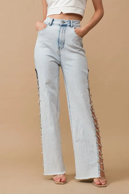 Cut Out At Side with Jewel Trim Stretch Denim Jeans