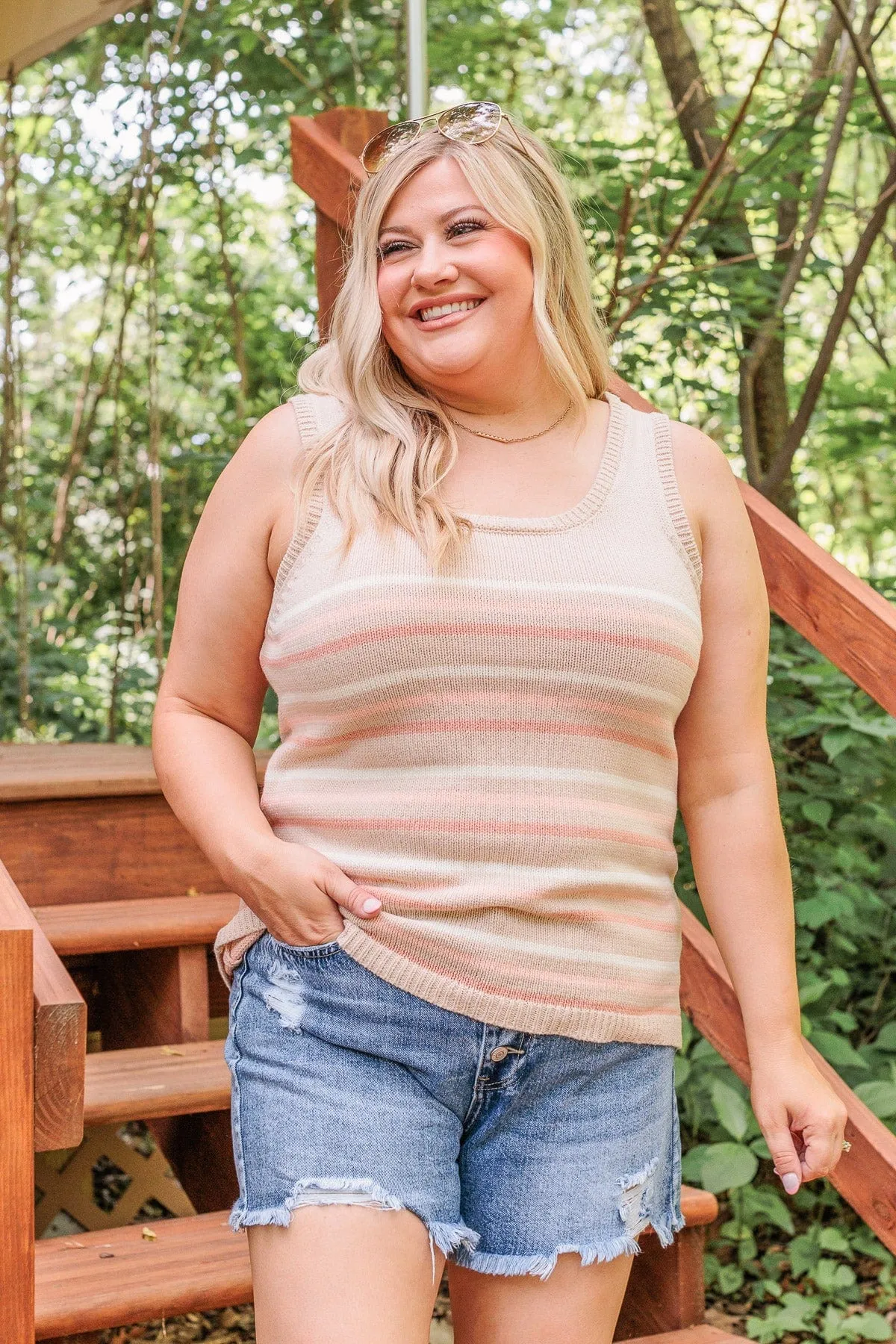 Down At The Pier Striped Knit Tank- Beige