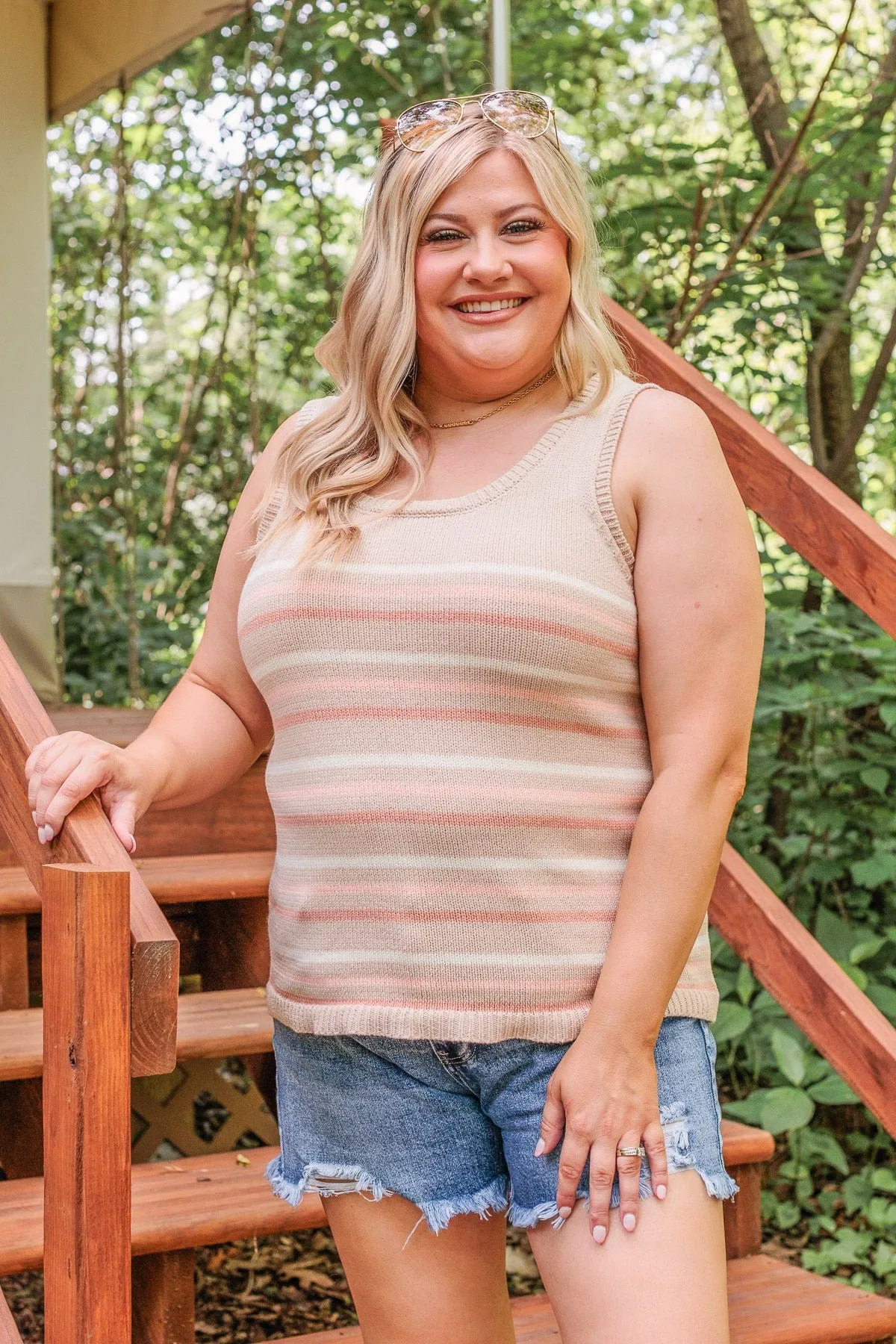 Down At The Pier Striped Knit Tank- Beige