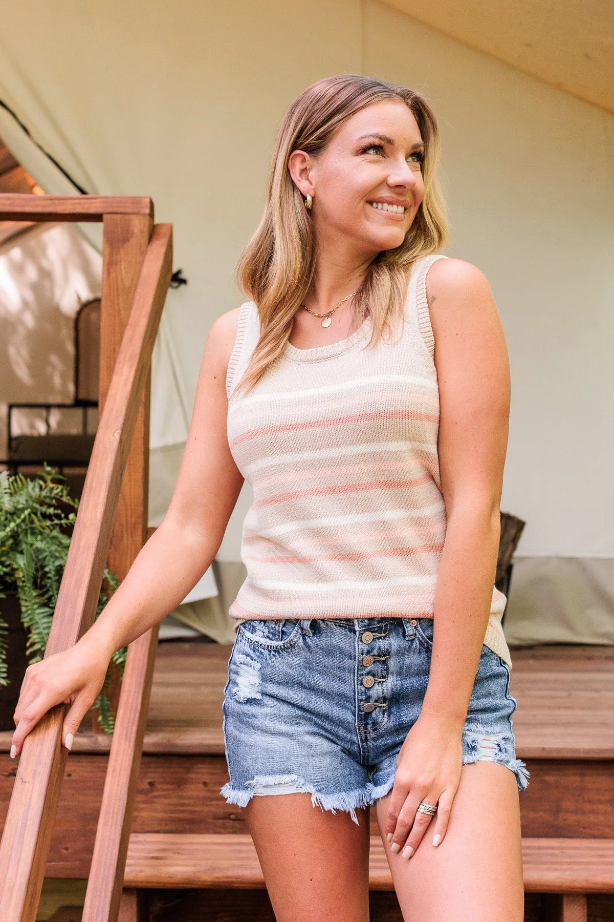 Down At The Pier Striped Knit Tank- Beige