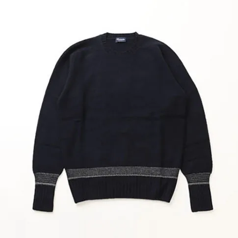 Drumohr  |Crew Neck Pullovers Stripes Wool Long Sleeves Plain Handmade