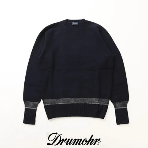 Drumohr  |Crew Neck Pullovers Stripes Wool Long Sleeves Plain Handmade