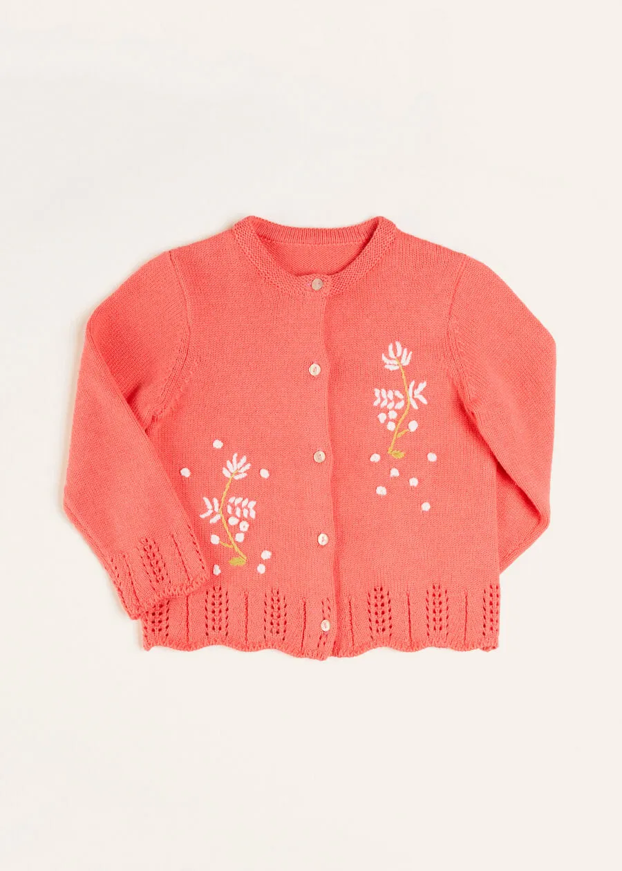 Embroidered Flower Motif Cardigan in Coral (18mths-10yrs)