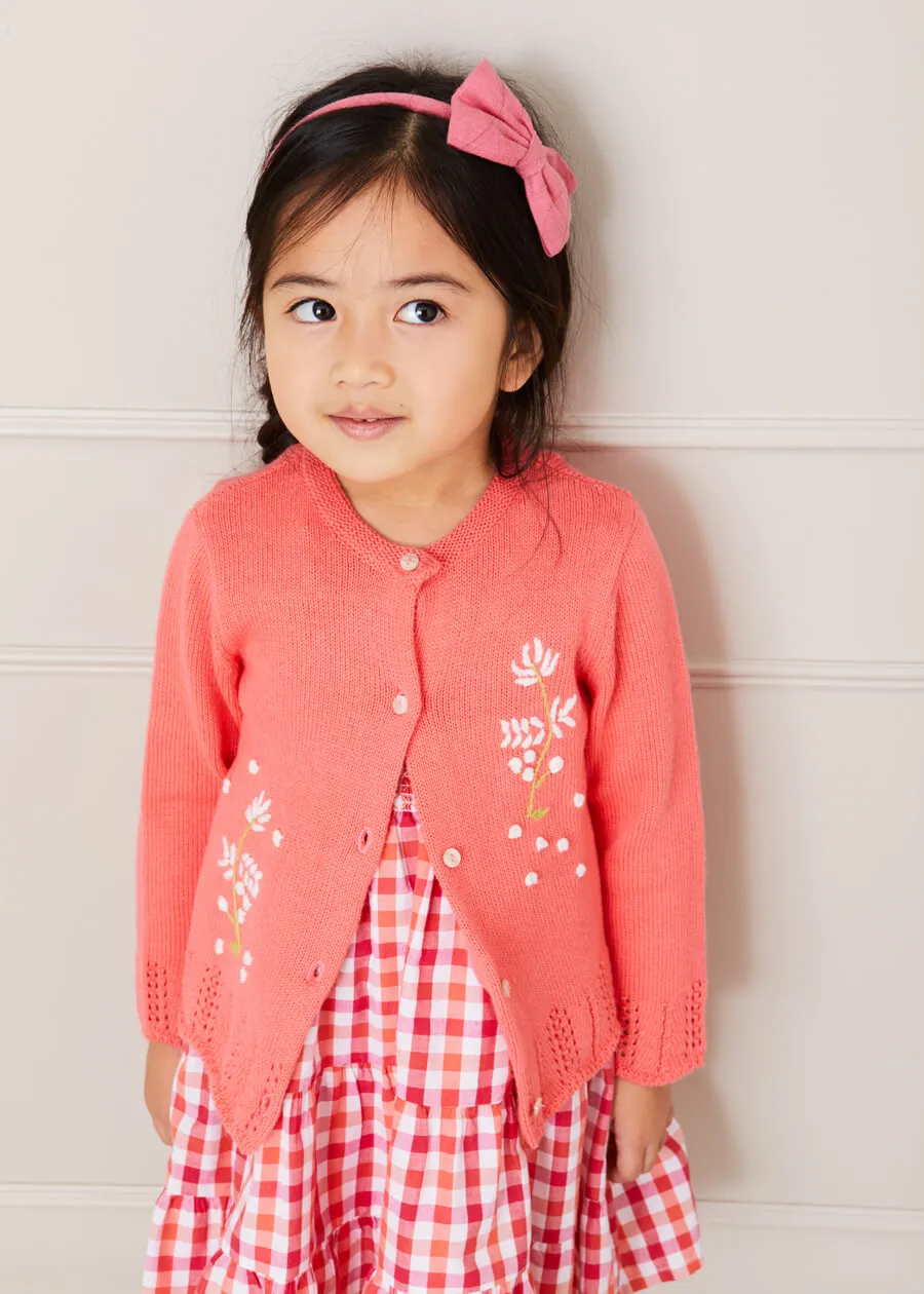 Embroidered Flower Motif Cardigan in Coral (18mths-10yrs)