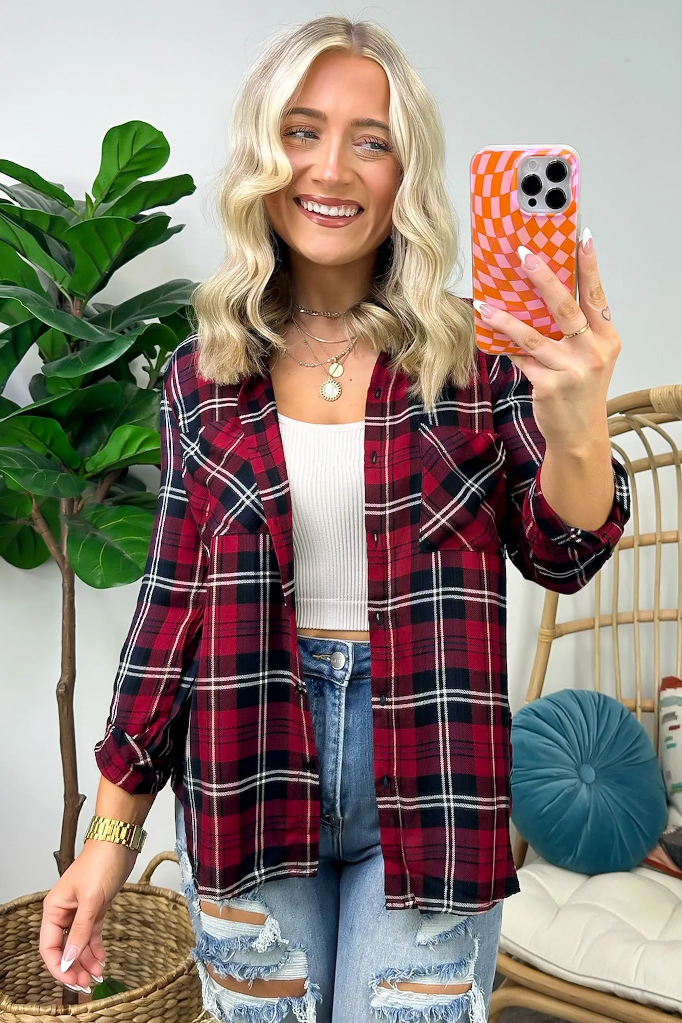 Emerie Oversized Plaid Button Down Top - FINAL SALE