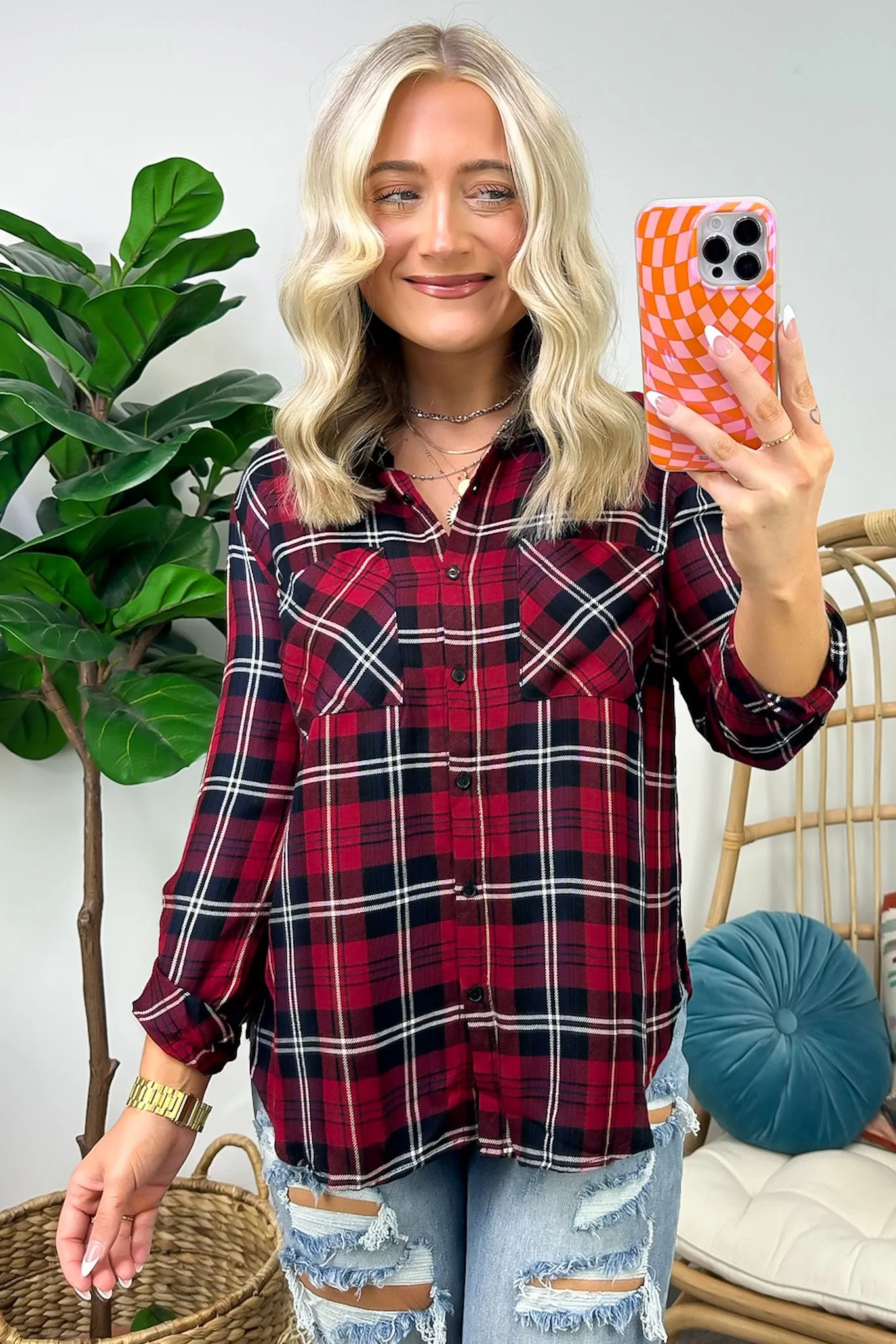 Emerie Oversized Plaid Button Down Top - FINAL SALE