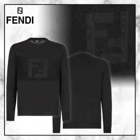 FENDI  |Crew Neck Pullovers Long Sleeves Plain Cotton Logo Luxury