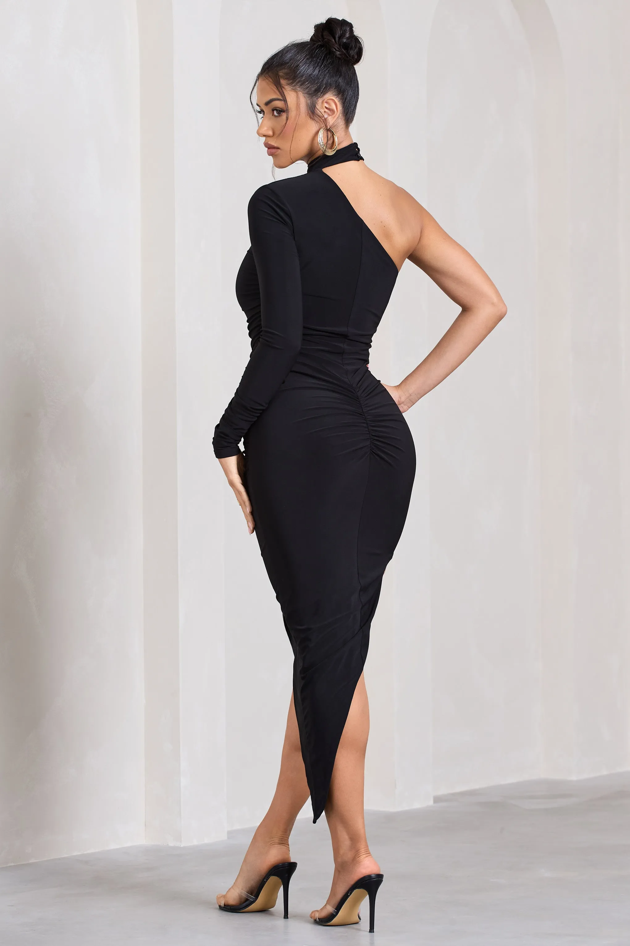 Firestorm | Black Asymmetric One-Sleeved Midi Dress With Scarf