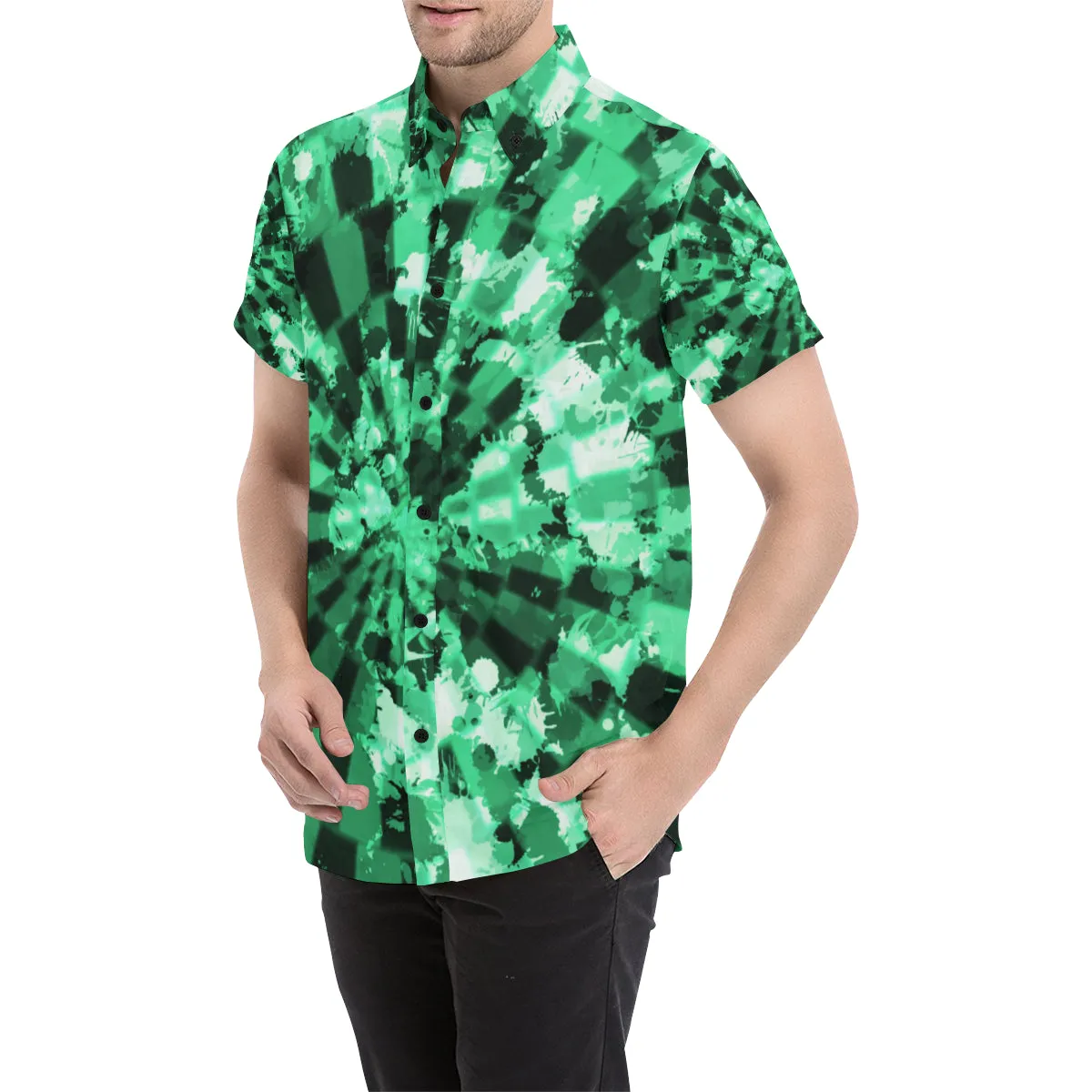 Green Tie-Dye Short Sleeve Button Up Shirt