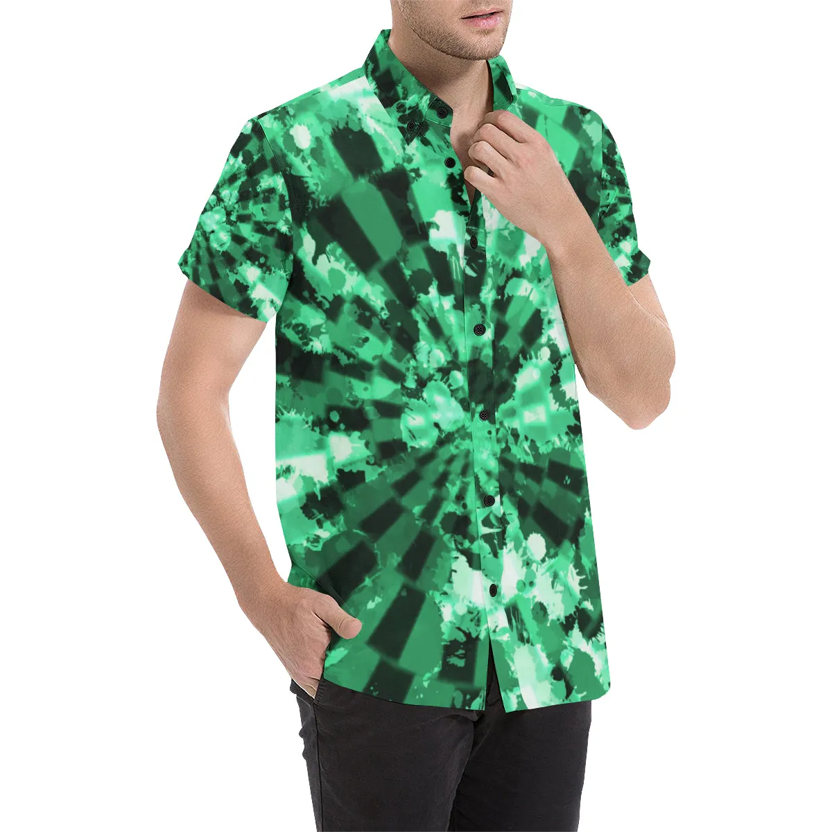 Green Tie-Dye Short Sleeve Button Up Shirt