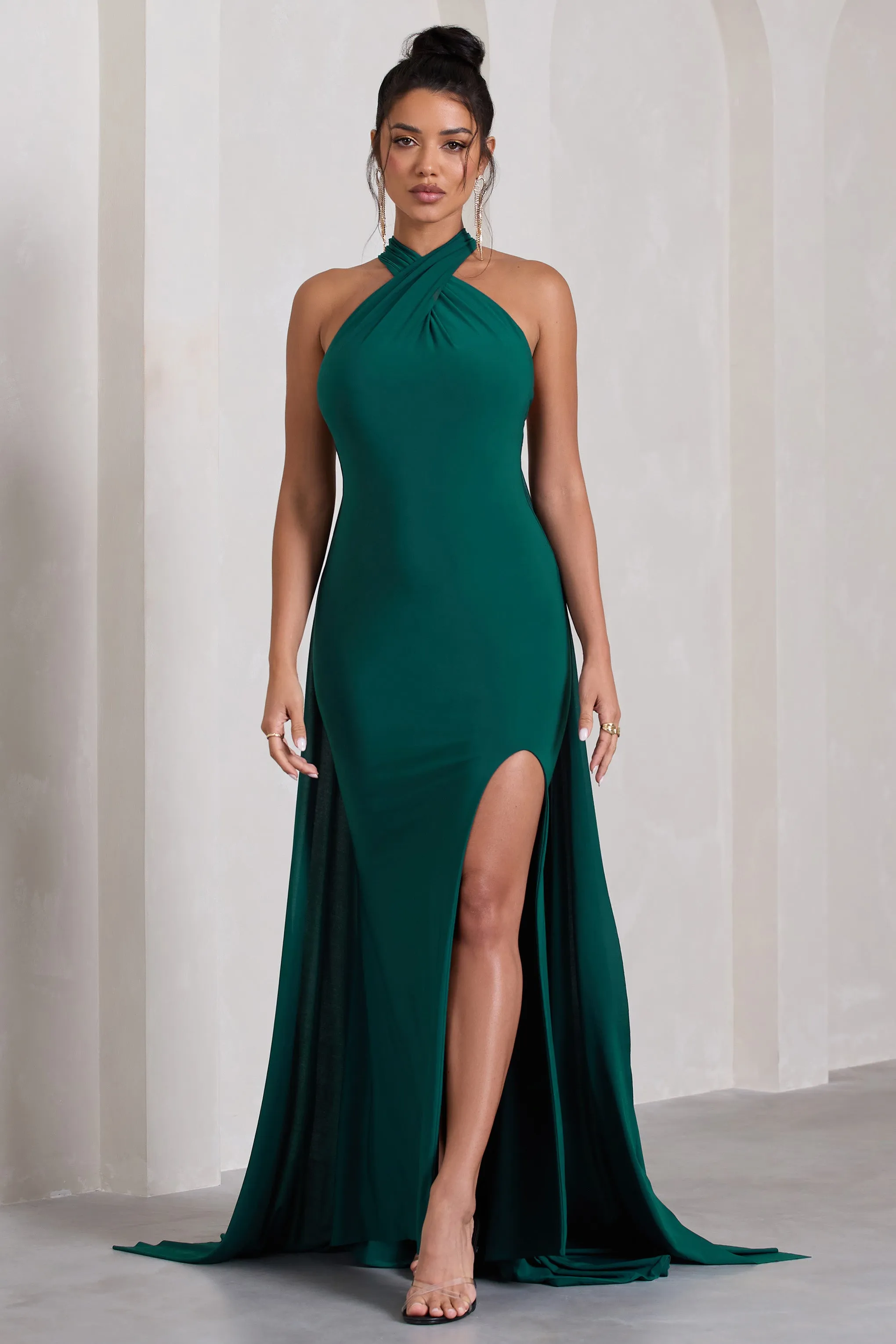 Intertwined | Bottle Green Halter-Neck Open-Back Split Maxi Dress With Scarf Detail