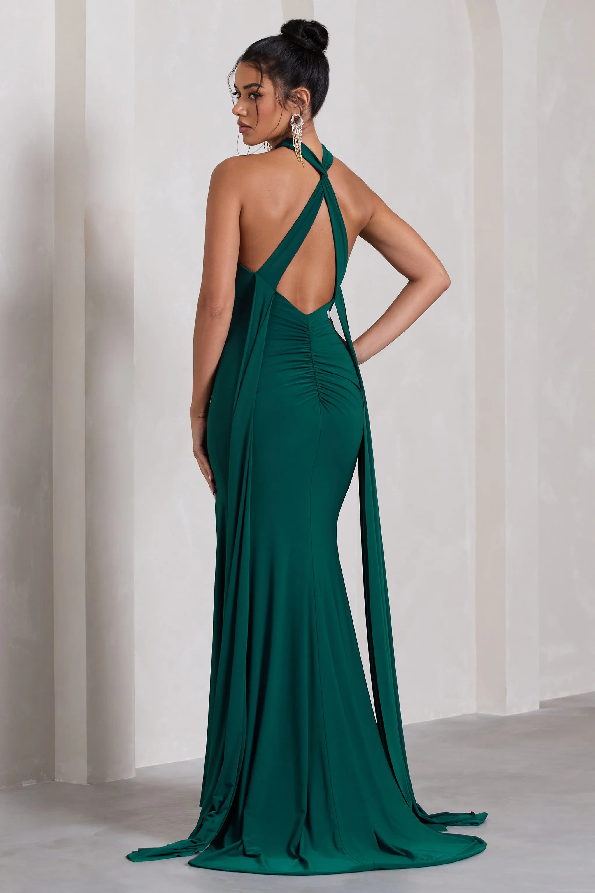 Intertwined | Bottle Green Halter-Neck Open-Back Split Maxi Dress With Scarf Detail