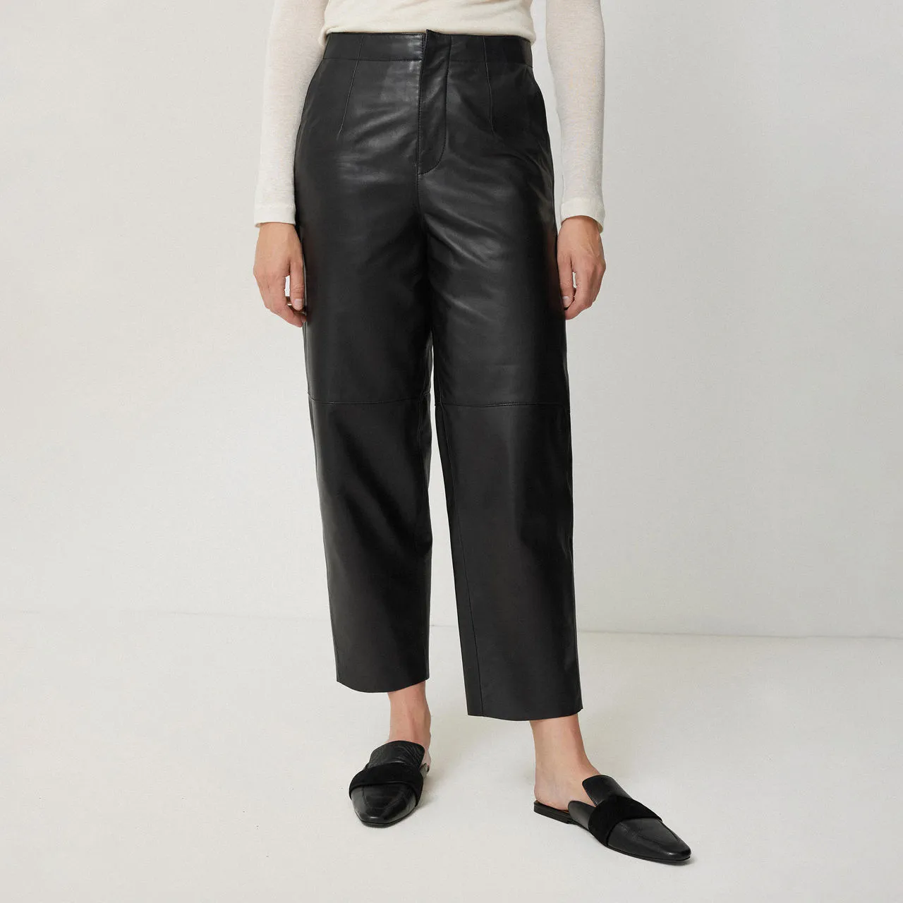 JIGSAW Leather Barrel Leg Cropped Trousers - Black