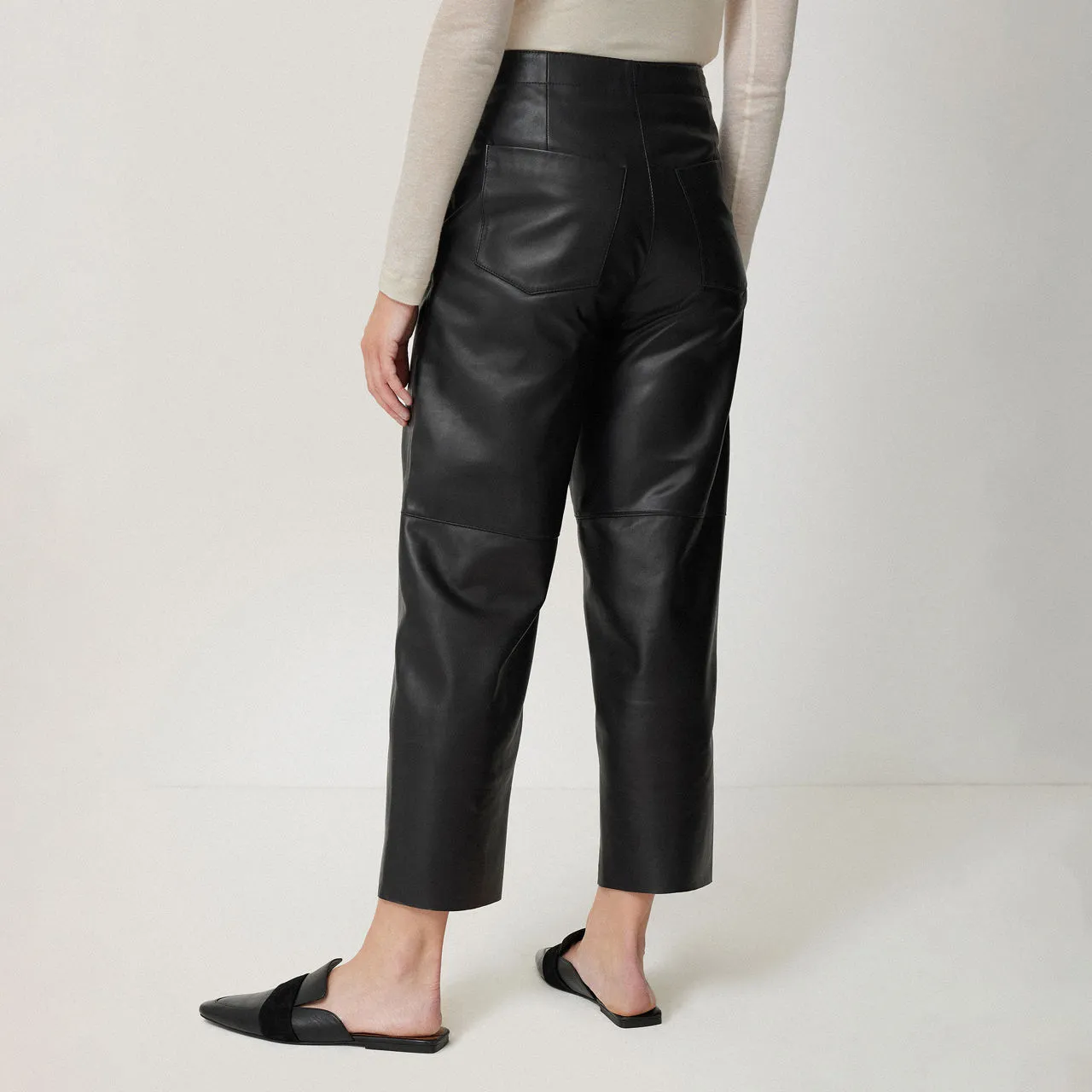 JIGSAW Leather Barrel Leg Cropped Trousers - Black