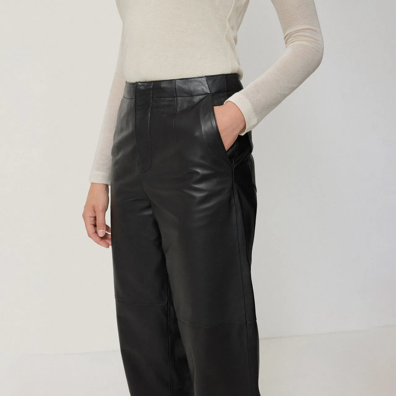 JIGSAW Leather Barrel Leg Cropped Trousers - Black