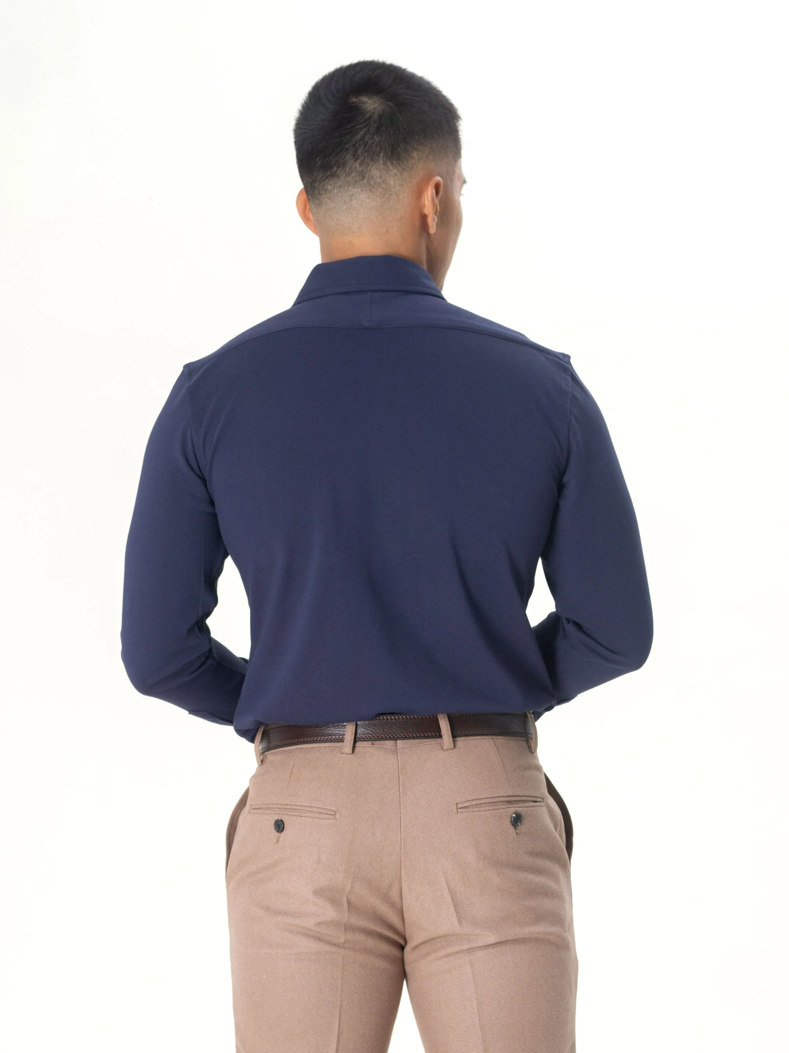 Long Sleeve Polo Shirt -  Navy Blue Button Down