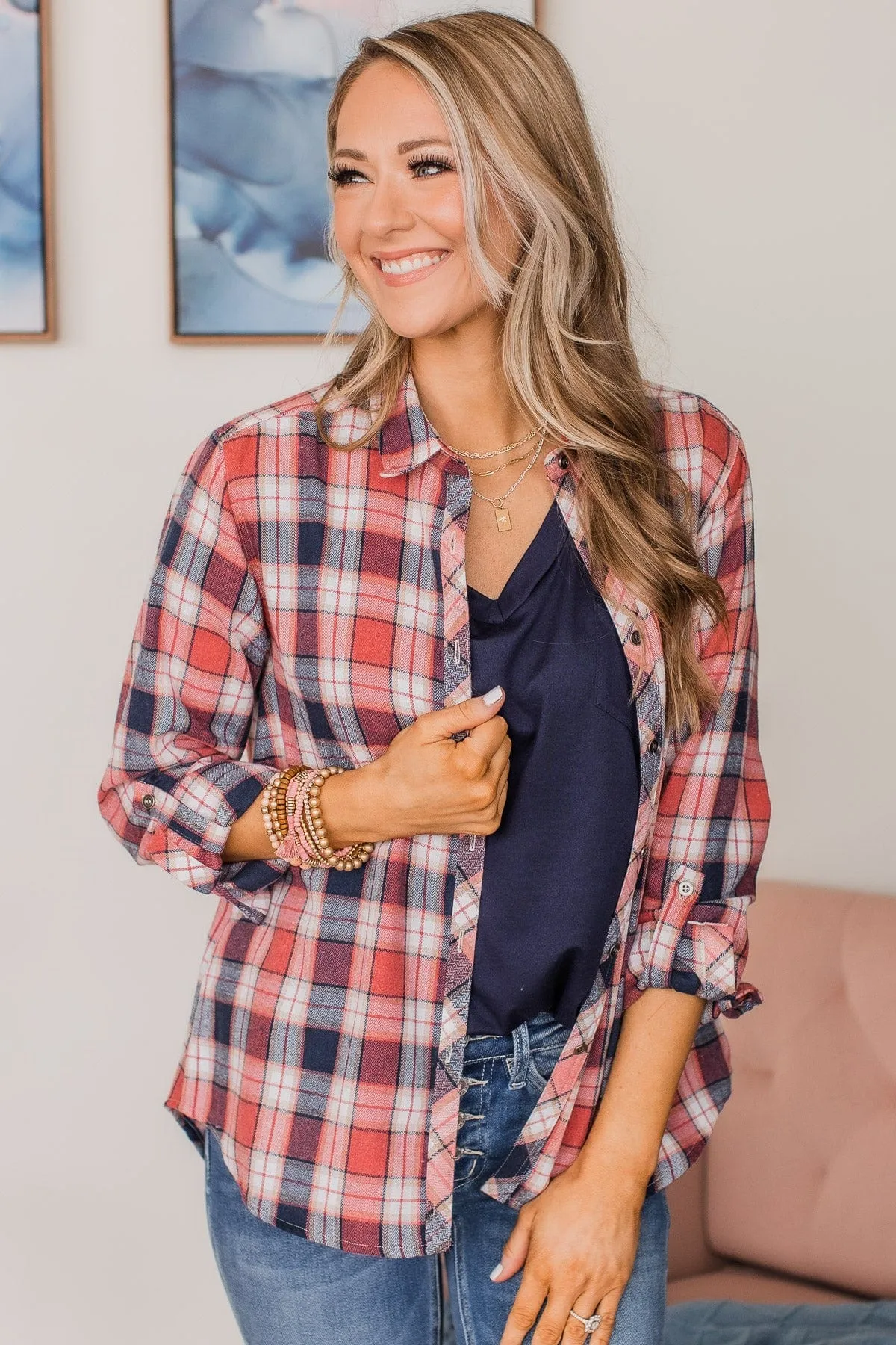 Lovely Seeing You Button Down Flannel- Pink & Navy