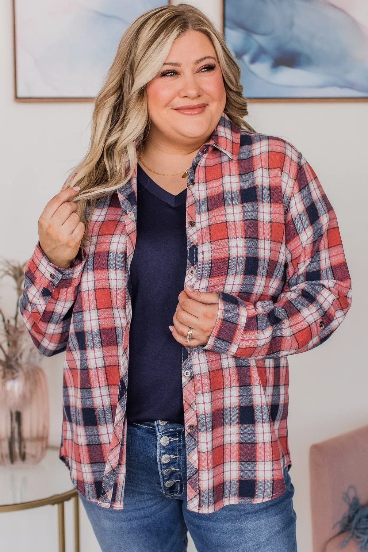 Lovely Seeing You Button Down Flannel- Pink & Navy