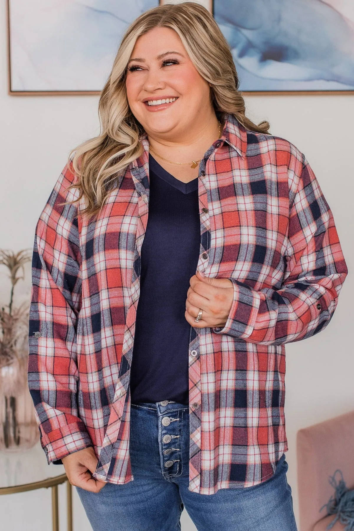 Lovely Seeing You Button Down Flannel- Pink & Navy