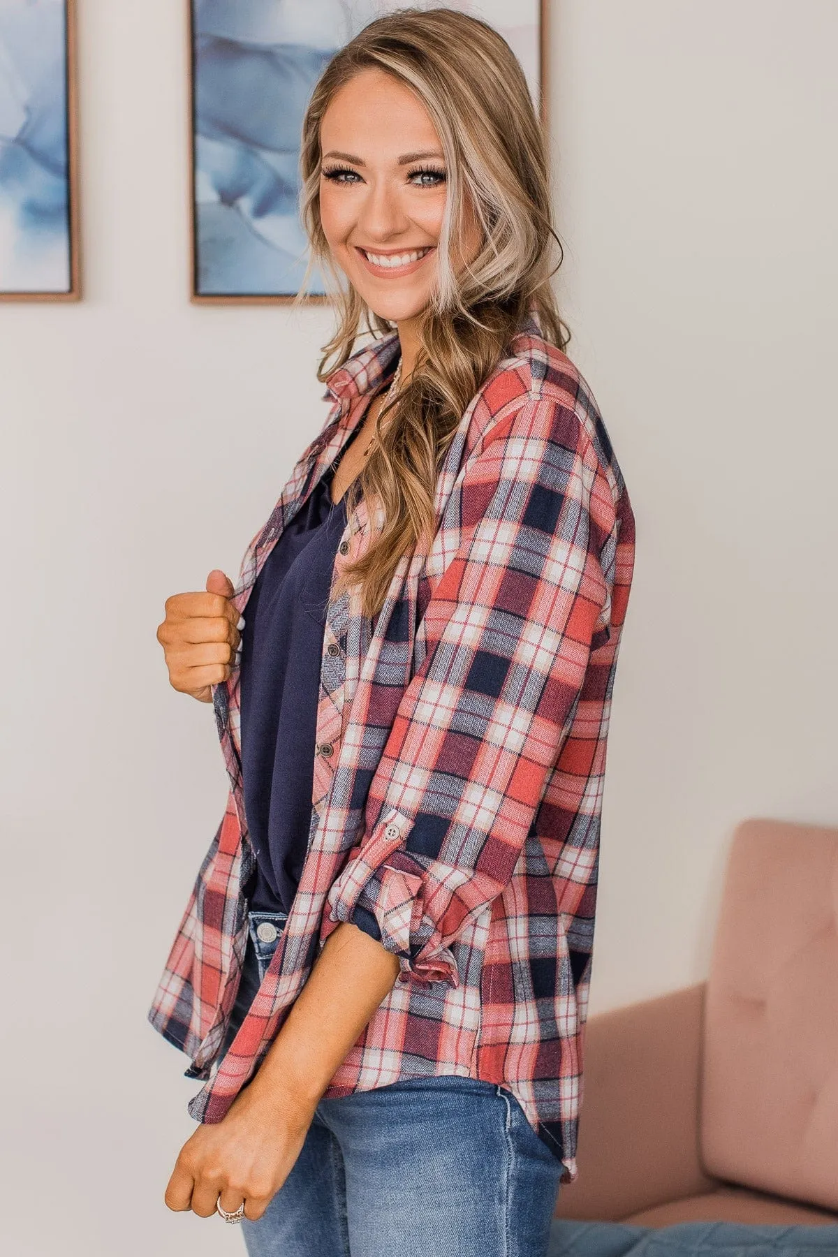 Lovely Seeing You Button Down Flannel- Pink & Navy