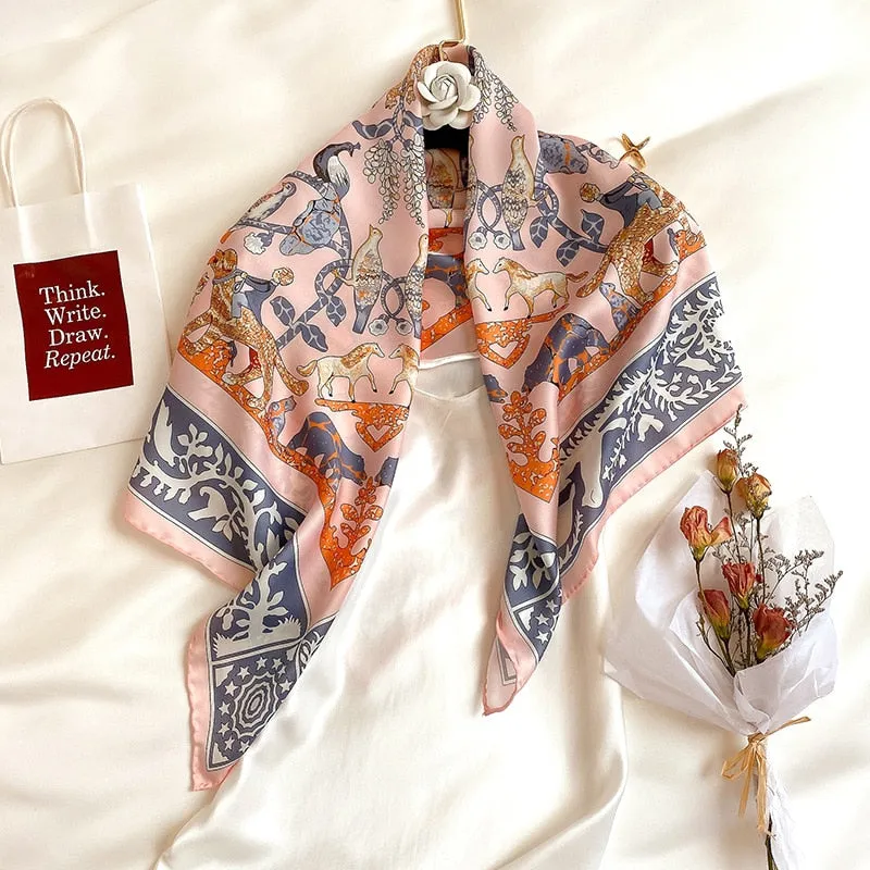 Luxury Brand Silk Satin Square Scarf Women