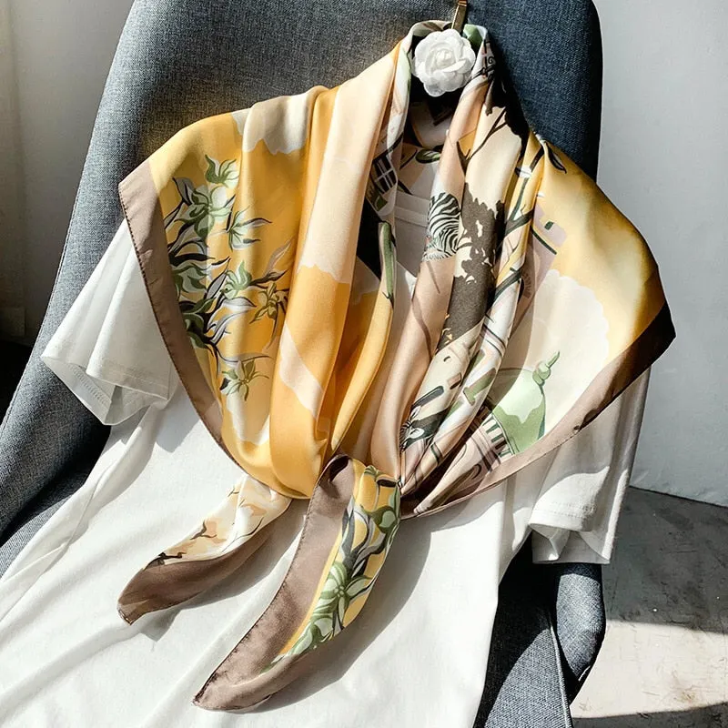 Luxury Brand Silk Satin Square Scarf Women