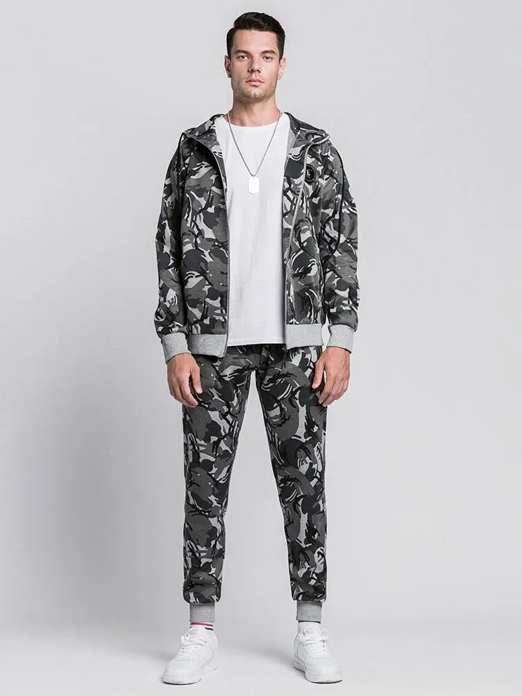 Men's Activewear 2-Piece Camouflage Long Sleeves Hooded Grey