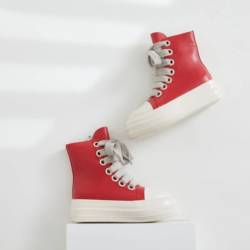 NEW High Top Lace Up Main Line Thick Sole Red Fashion Designer Sneakers Leather Men Women Casual Shoes couple Flats Boots