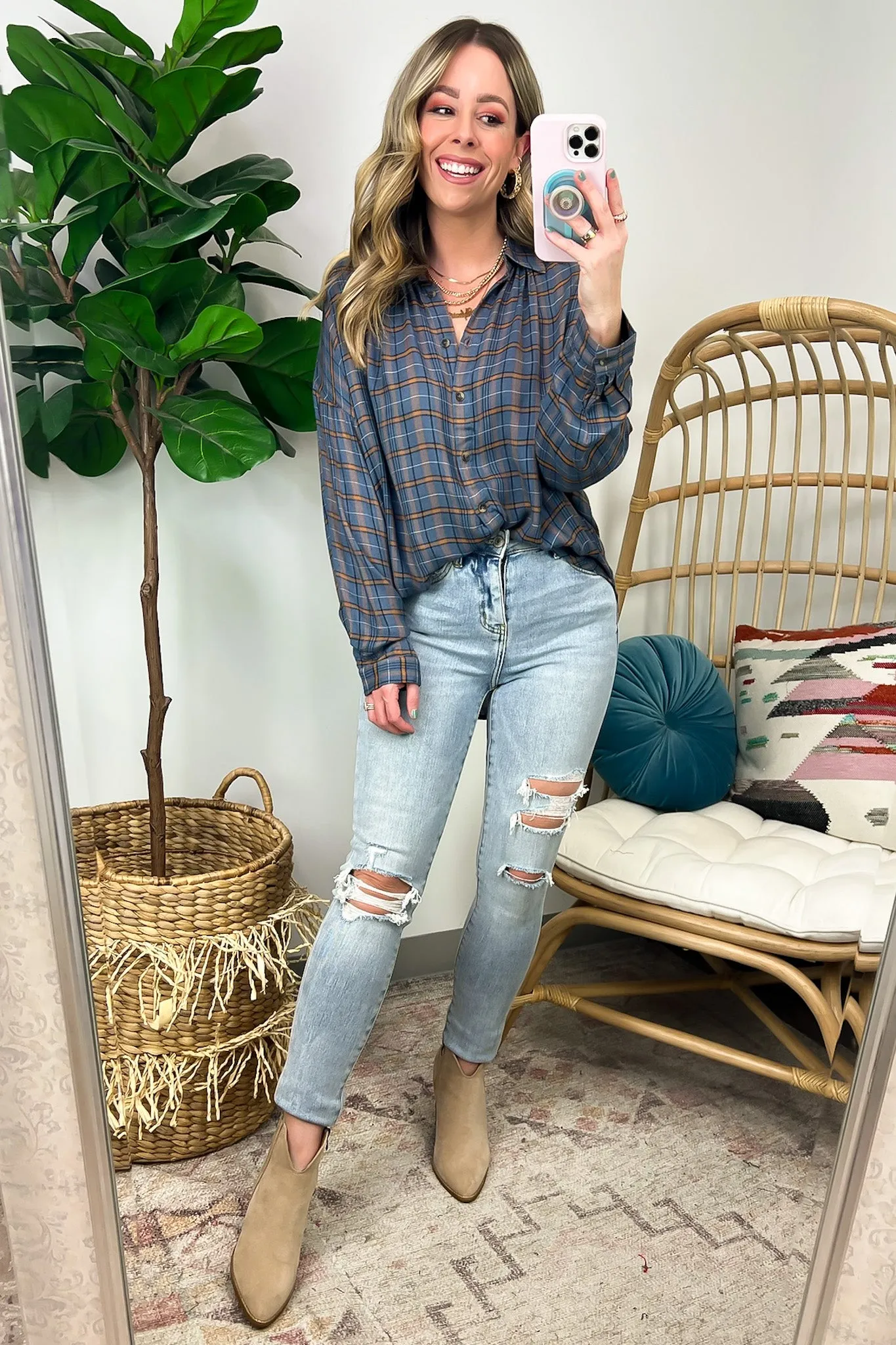 Noteworthy Vibe Plaid Button Down Top - FINAL SALE