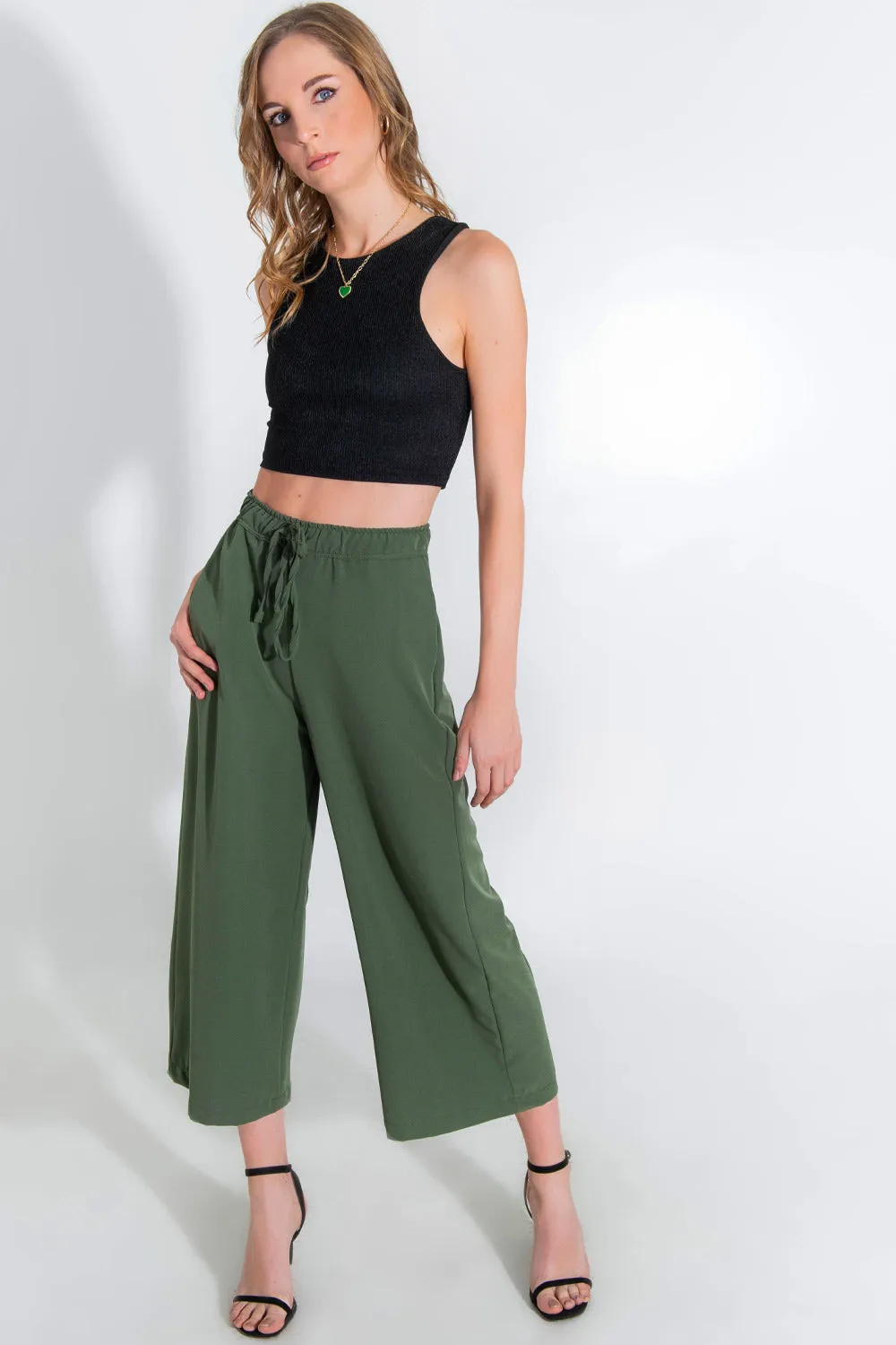 Pantalón culotte fluido tiro alto con jareta