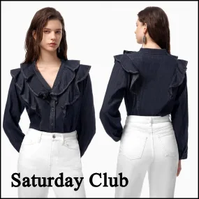 SaturdayClub  |Casual Style Denim Long Sleeves Plain Elegant Style